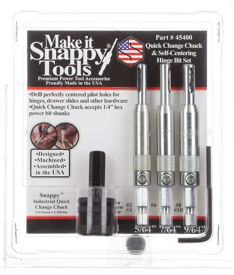 Make it Snappy Tools 45400 - 3-Piece Self Centering Hinge Bits and Quick Change Chuck Set, #2/#6/#8 Soft Wood Screws and #4/#10 Hard Wood Screws, 1/8" Hex Key, 1/4-Inch Hex Power Bit Shank - Image 3